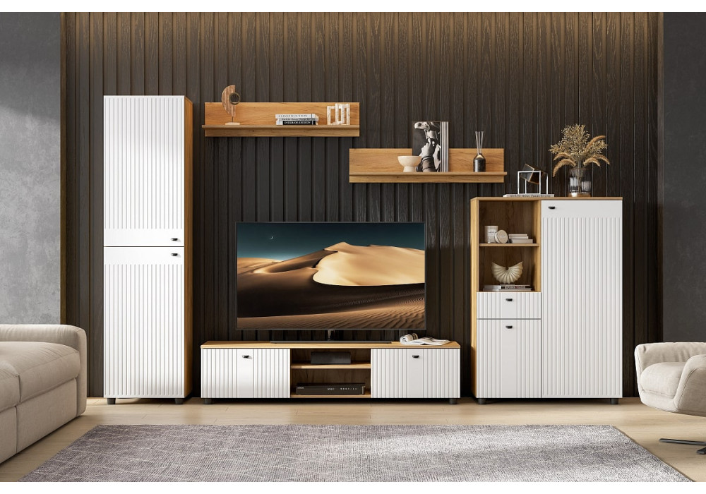 Пенал со стеклом SV-Мебель Милан (дуб золотой/черный/белый матовый)