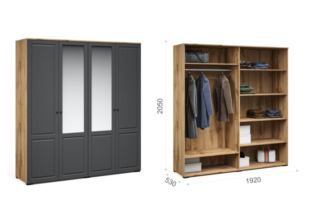 Распашной шкаф Лацио Сканди 4дв с 2 зеркалами (Вотан/сканди графит) фабрика Империал 
