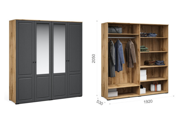 Распашной шкаф Лацио Сканди 4дв с 2 зеркалами (Вотан/сканди графит) фабрика Империал 