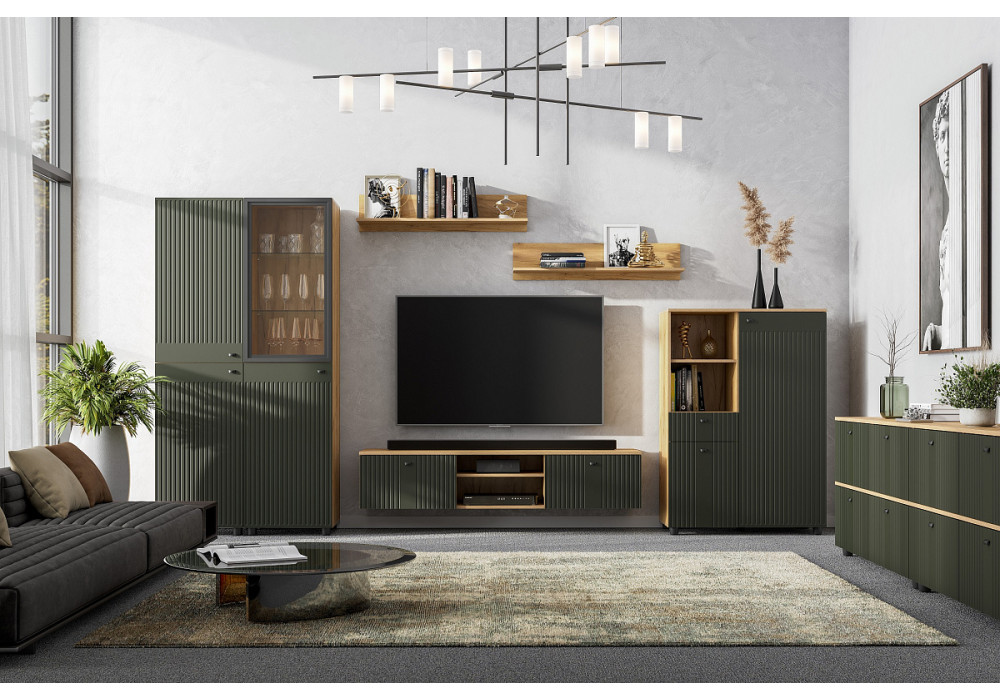 Пенал со стеклом SV-Мебель Милан (дуб золотой/черный/олива софт)