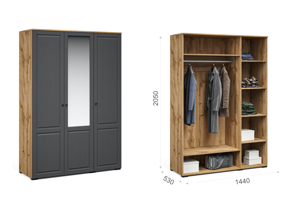 Распашной шкаф Лацио Сканди 3дв с зеркалом (Вотан/сканди графит) фабрика Империал 