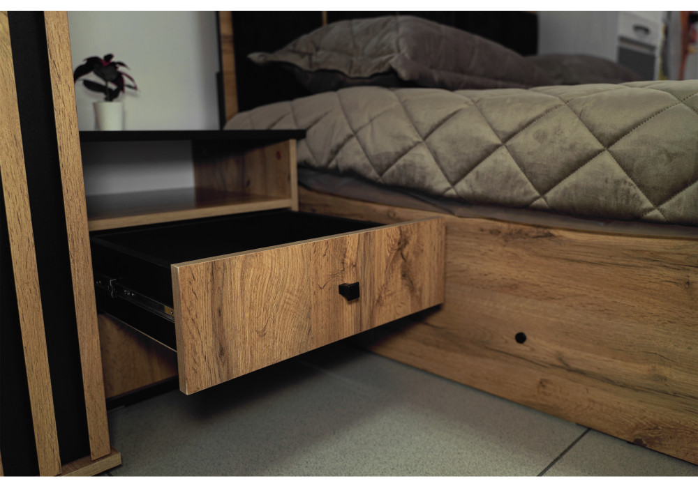 Тумба прикроватная  Либерти 51.17  (опора h=20мм) (дуб вотан / черный / профиль: Masa Decor дуб вотан) Фабрика Олмеко