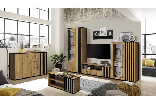 Модульная гостиная Либерти H-20 (дуб вотан/черный/профиль дуб вотан)  фабрика Олмеко 