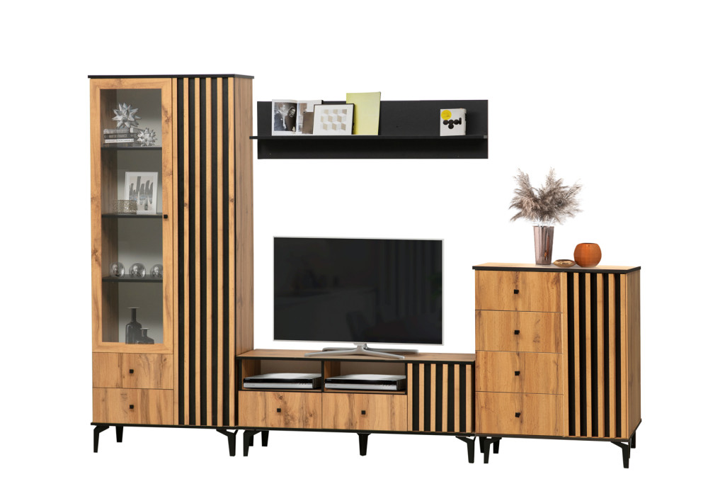 Модульная гостиная Либерти  (дуб вотан/черный/профиль дуб вотан)  фабрика Олмеко  Вар.3