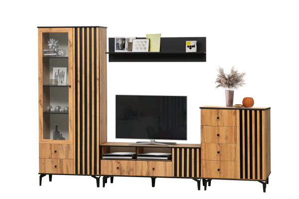 Модульная гостиная Либерти  (дуб вотан/черный/профиль дуб вотан)  фабрика Олмеко  Вар.3