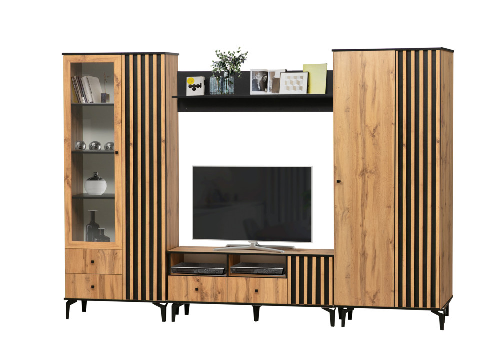 Модульная гостиная Либерти  (дуб вотан/черный/профиль дуб вотан)  фабрика Олмеко  Вар.4