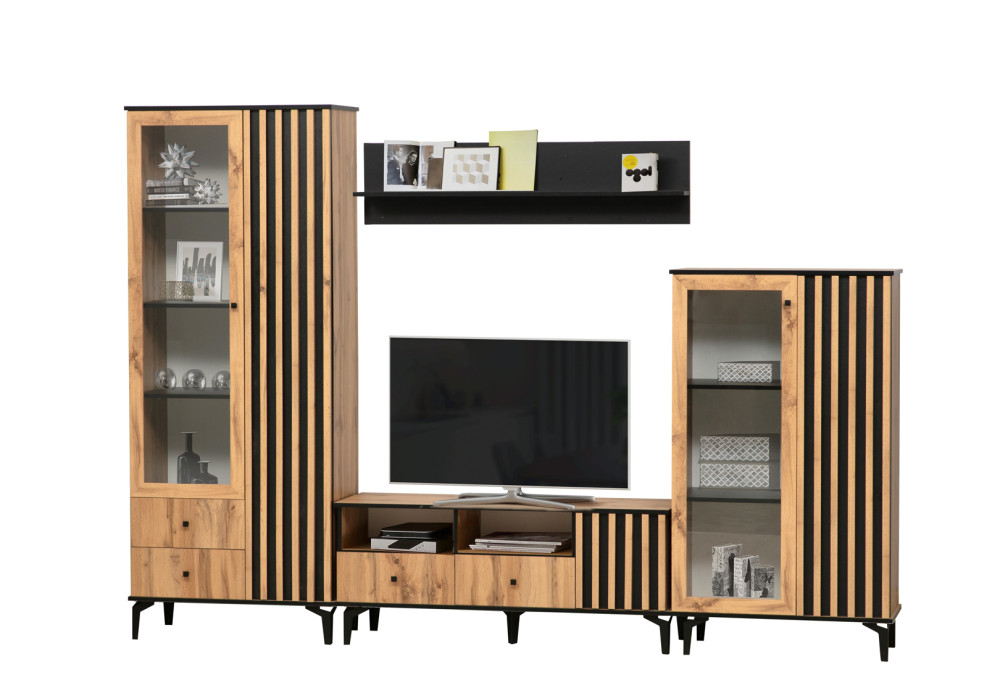 Модульная гостиная Либерти  (дуб вотан/черный/профиль дуб вотан)  фабрика Олмеко 