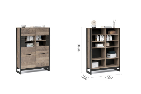 Витрина Стокгольм низкая 2д2в (Дуб гранж песочный/железный камень) фабрика Империал 
