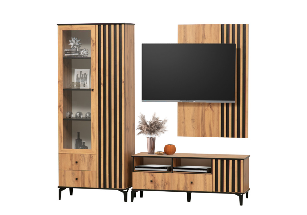 Модульная гостиная Либерти  (дуб вотан/черный/профиль дуб вотан)  фабрика Олмеко  Вар.2